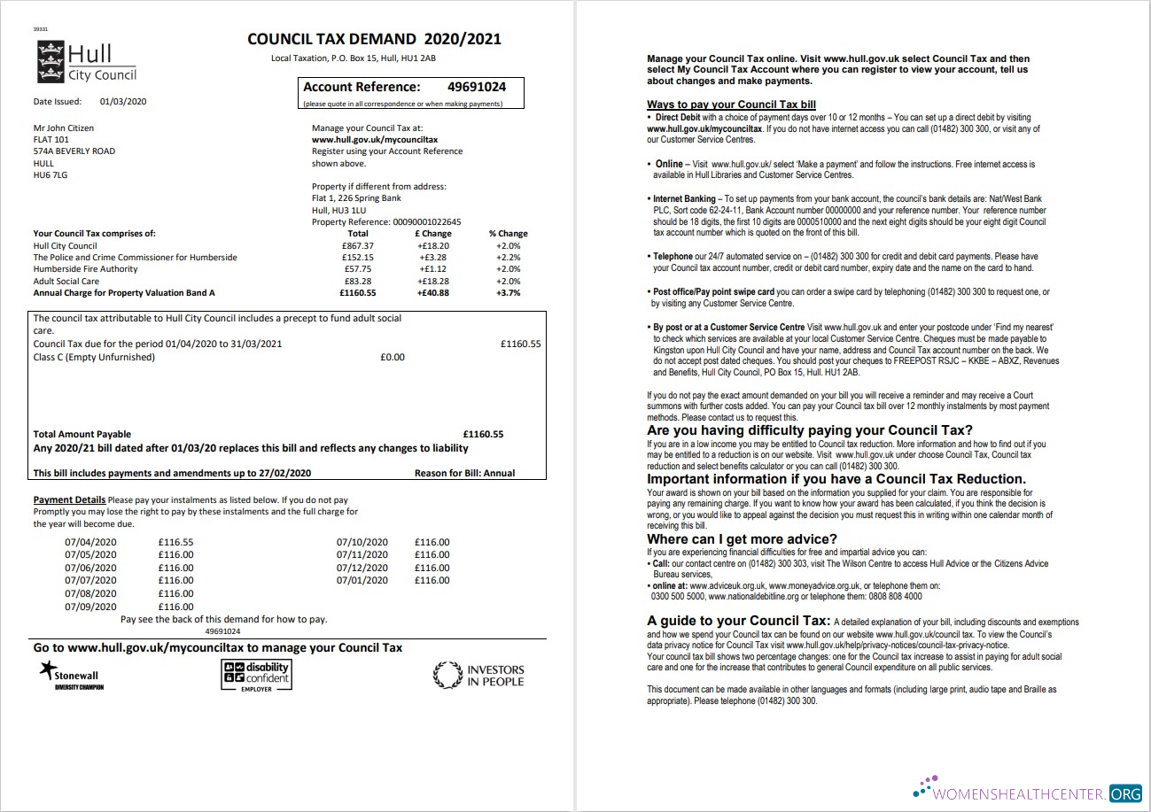 download United Kingdom Hull City Council utility bill template in Word and PDF format, 2 pages PDF template